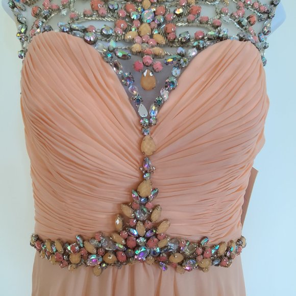 Rachel Allen Chiffon Beaded Illusion Long Prom Evening Dress Style 6934 Apricot - Picture 3 of 15